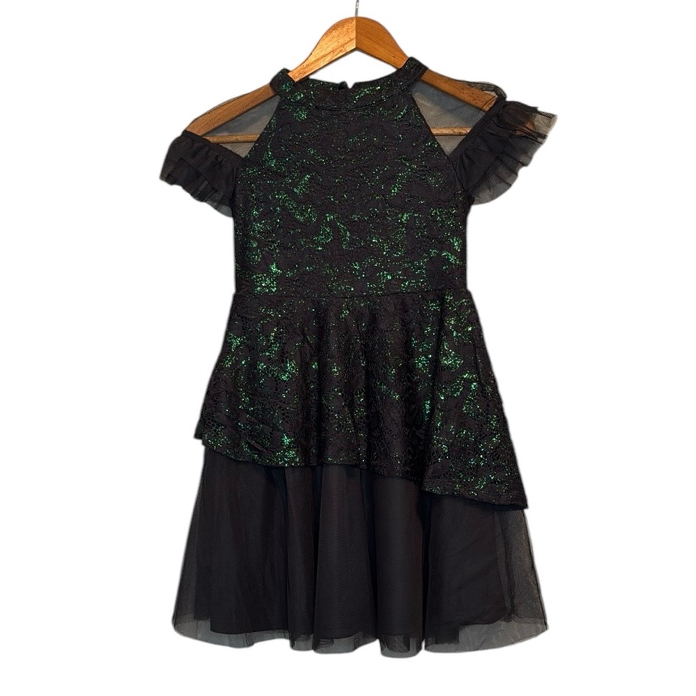 Girls Black Dress with Green Sparkle Peplum